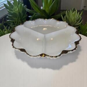 Vintage Fire King Milk Glass Divided Dish Plate Gold Trim Anchor Hocking 9 3/4"